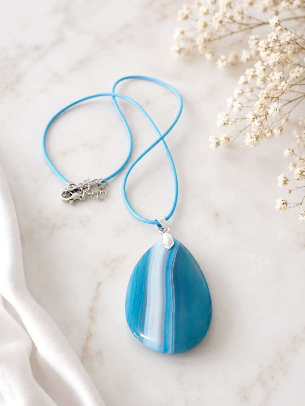 Blue Agate Teardrop Pendant Necklace Adjustable 17-19 Inch Wax Nylon Cord